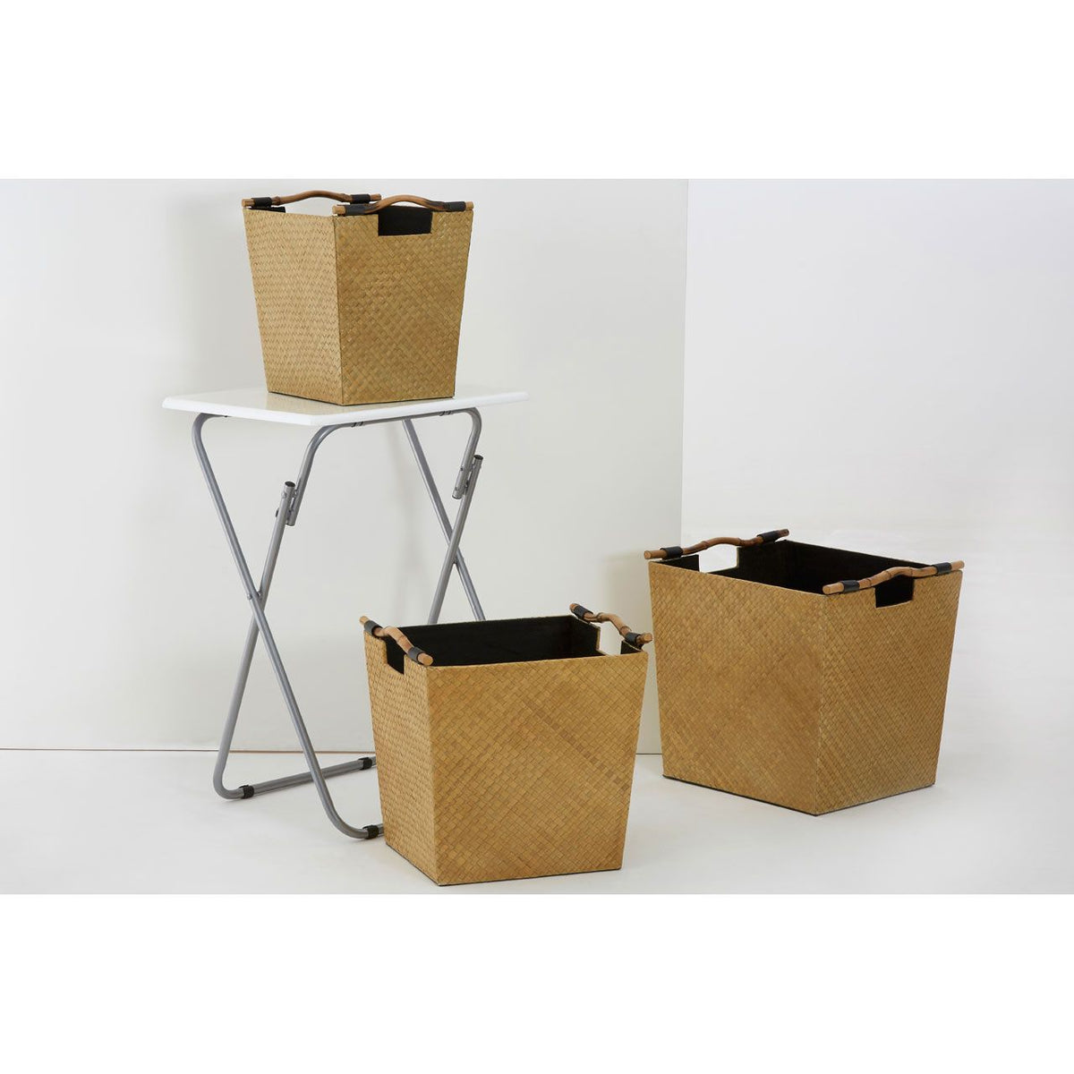 Natural Pandanus Storage Baskets with Bamboo Handles - Set of 3