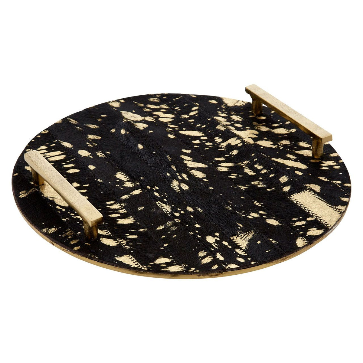 Bowerbird Cowhide Round Tray 30cm with Gold Handles