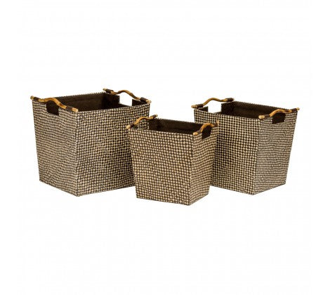 Black Pandanus Storage Baskets with Bamboo Handles - Set of 3