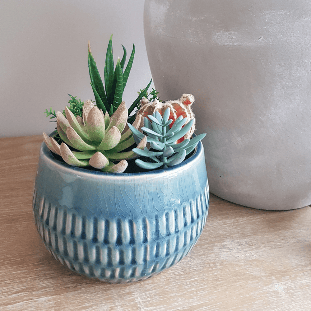 blue artificial succulents Blue Ceramic Crackle Glaze Planter With A Mix Of Artificial Succulents – SAK Home